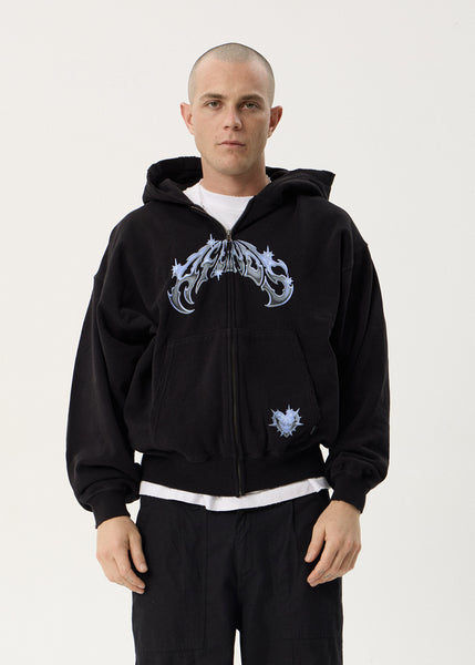 Scorpius Distressed Boxy Zip Hood - Stone Black | AFENDS