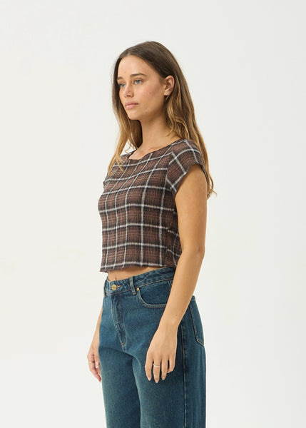 AFENDS Womens Darcy - Seersucker Top - Coffee Check