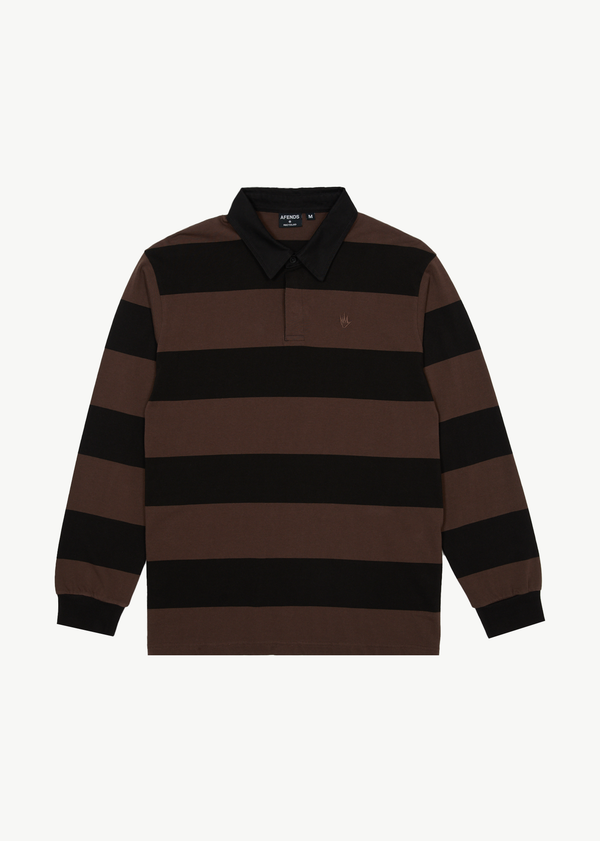 Afends Mens Nation - Polo Long Sleeve T-Shirt - Coffee Stripe