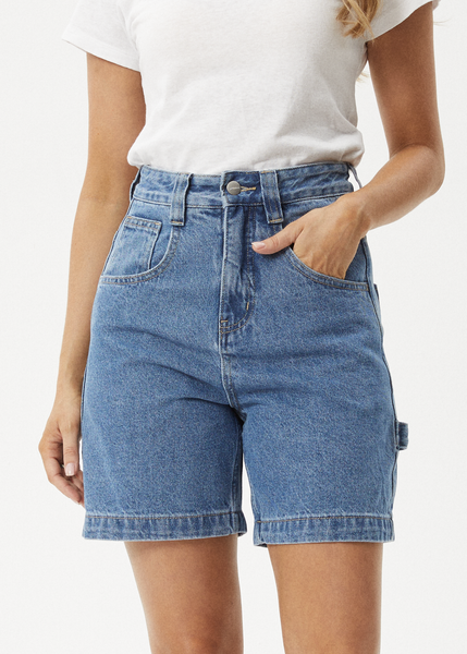 AFENDS Womens Fink Emilie - Denim Workwear Short - Worn Blue Daisy