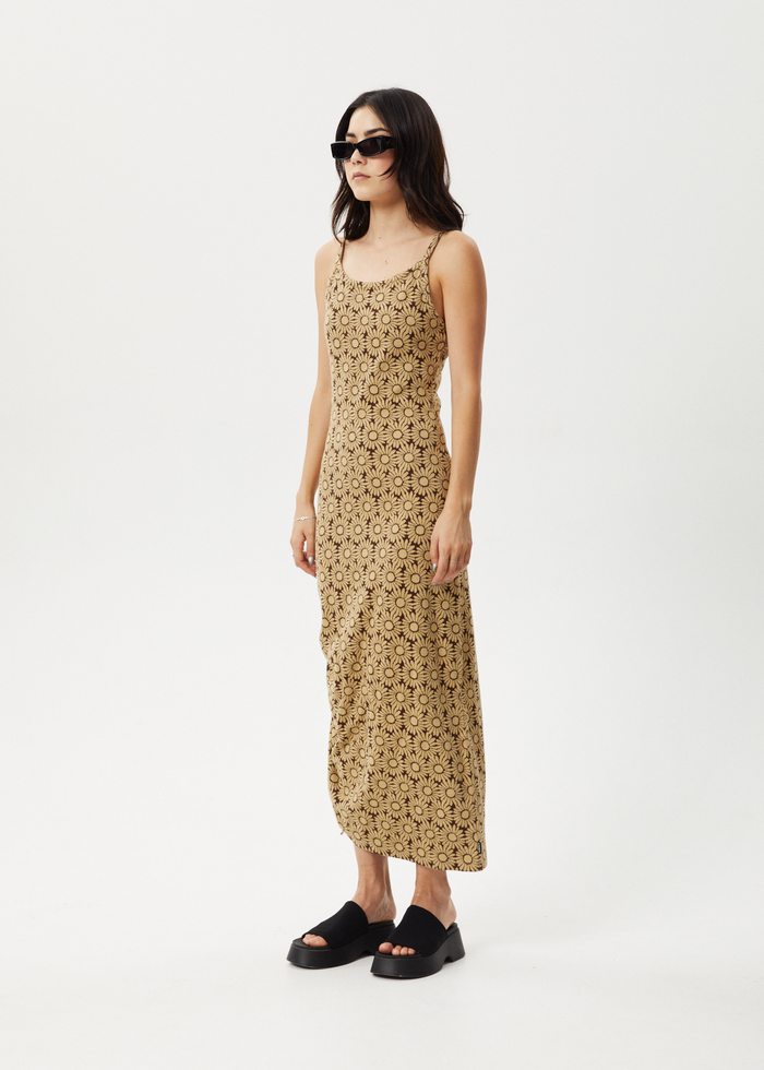 Afends Womens Daisy - Gathered Floral Maxi Dress - Toffee 