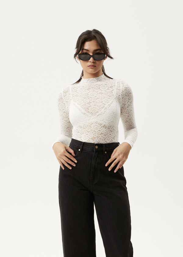 Afends Womens Poet - Lace Long Sleeve Top - White