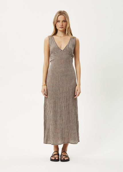 AFENDS Womens Base Tully - Seersucker Maxi Dress - Coffee Check
