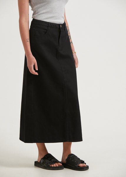 Nina - Women's Hemp Twill High Rise Midi Skirt - Black - Afends AU.