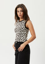 Afends Womens Alohaz - Recycled Knit Floral Sleeveless Top - Coffee - Afends womens alohaz   recycled knit floral sleeveless top   coffee 