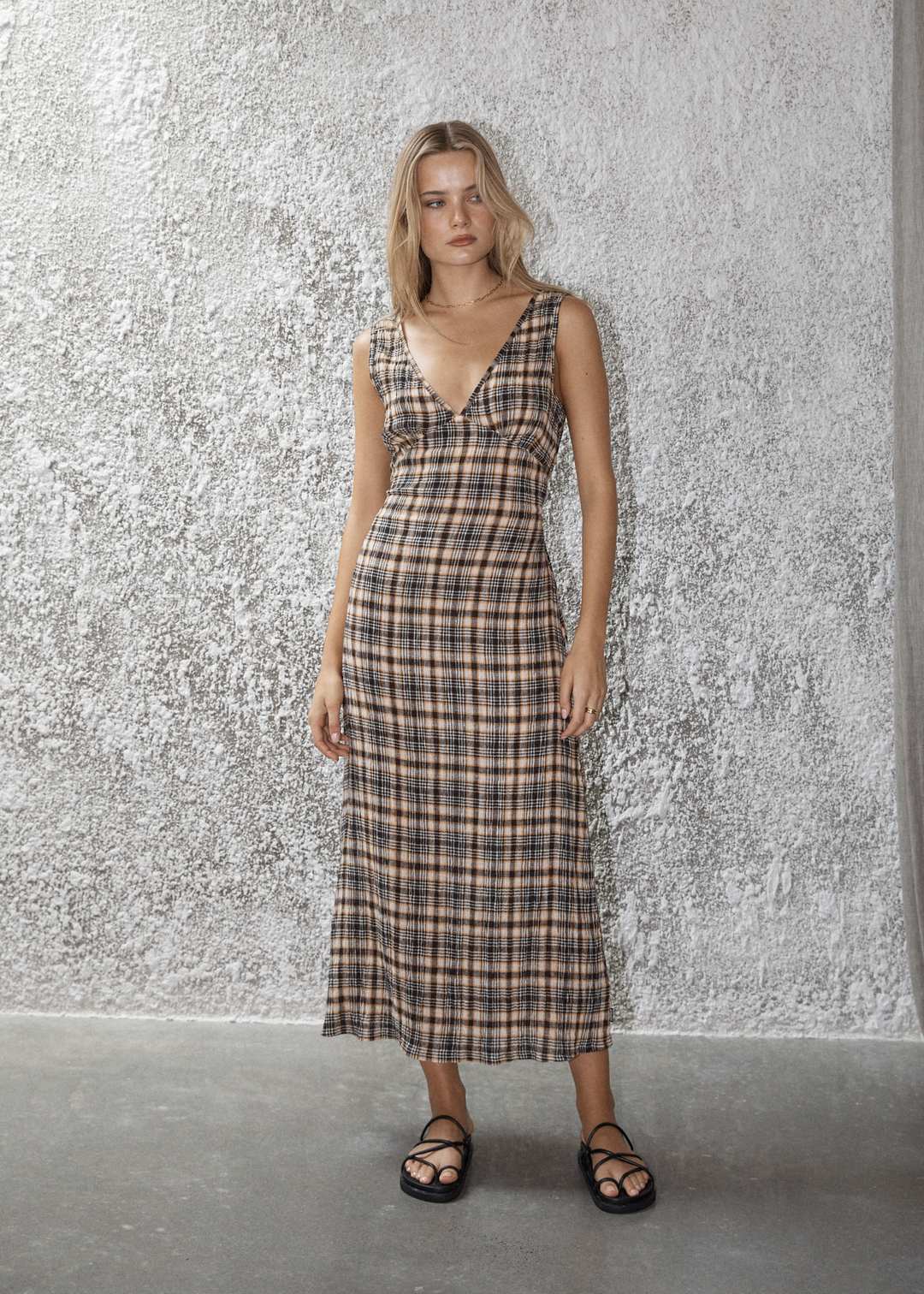 AFENDS Womens Check Out - Seersucker Maxi Dress - Moonbeam Check 