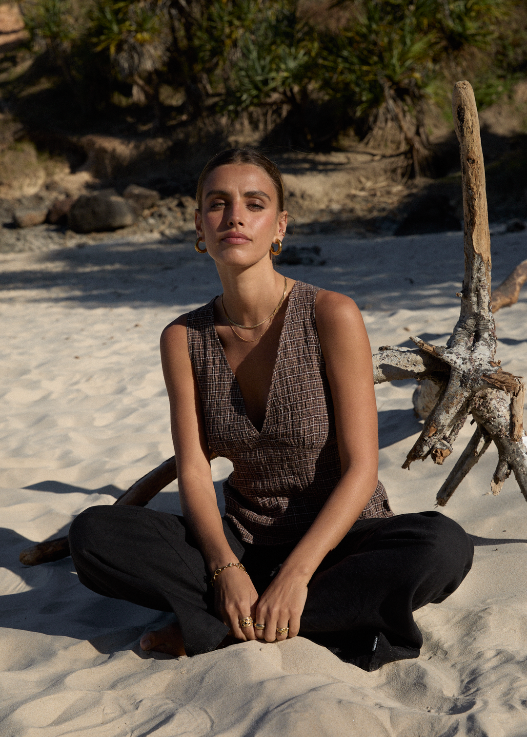 AFENDS Womens Giselle Hometown - Seersucker Top - Coffee