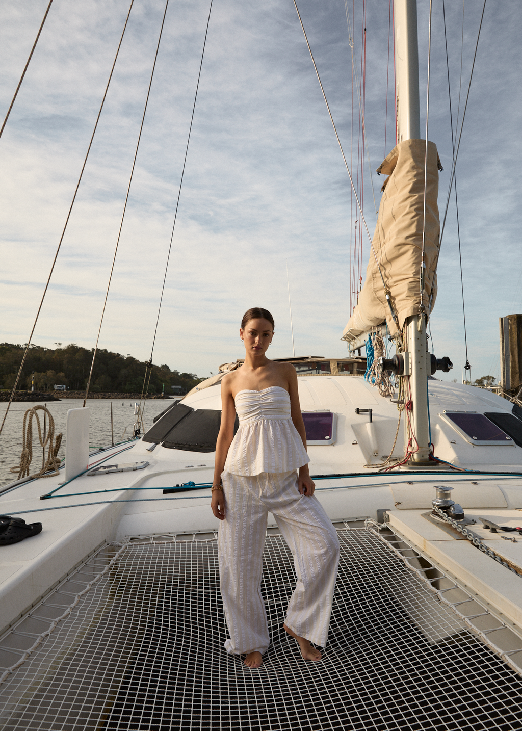 AFENDS Womens Splice - Seersucker Wide Leg Pant - White / Lemongrass