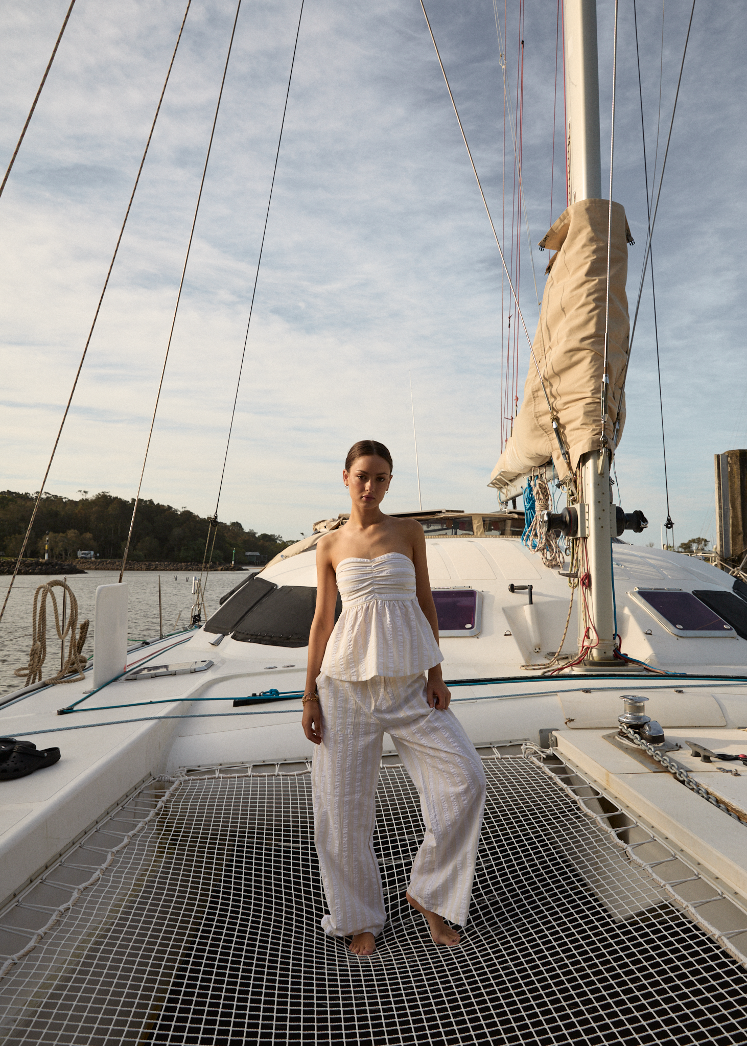 AFENDS Womens Splice - Seersucker Wide Leg Pant - White / Lemongrass