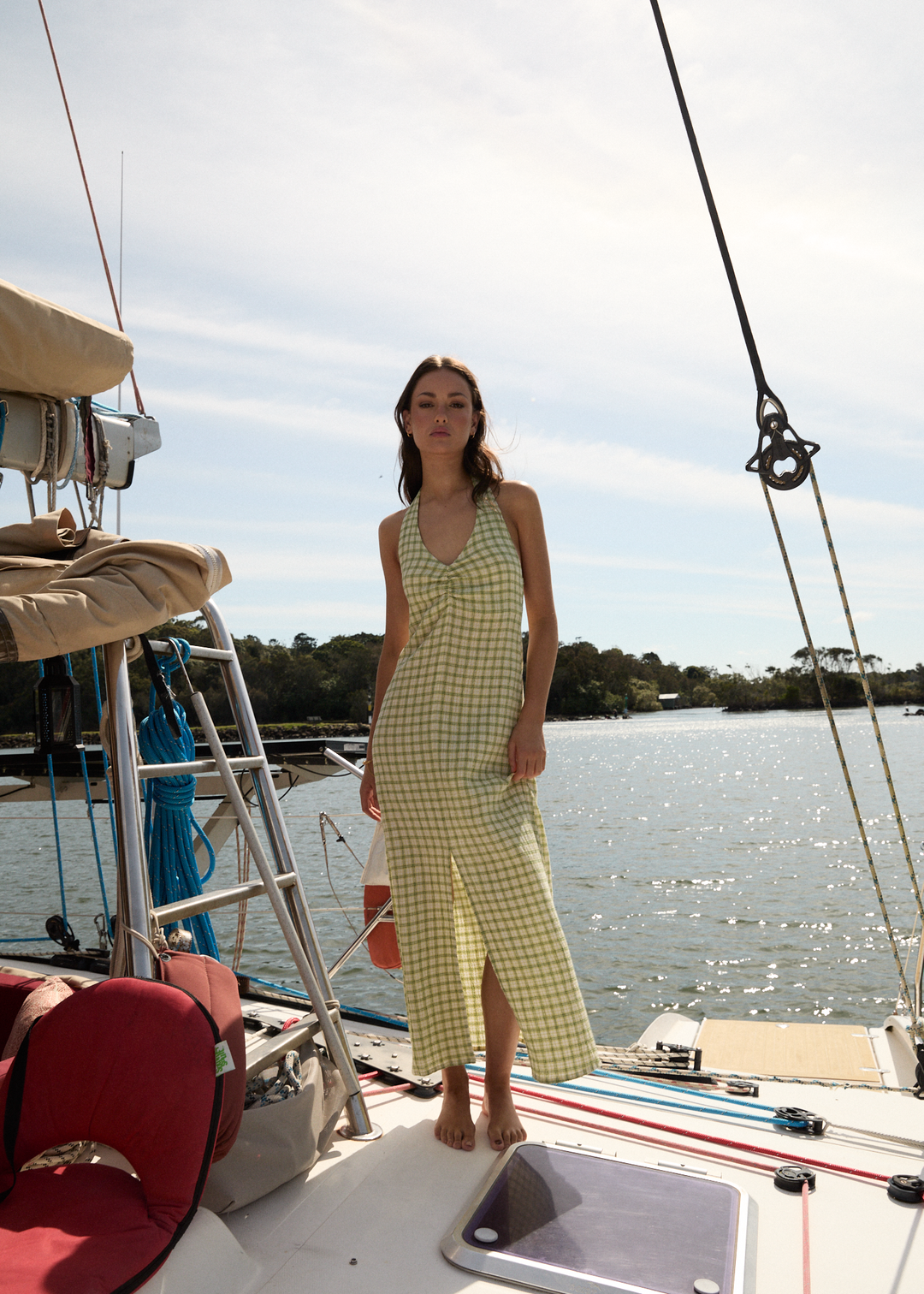 AFENDS Womens Darcy - Check Maxi Dress - Lemongrass Check 