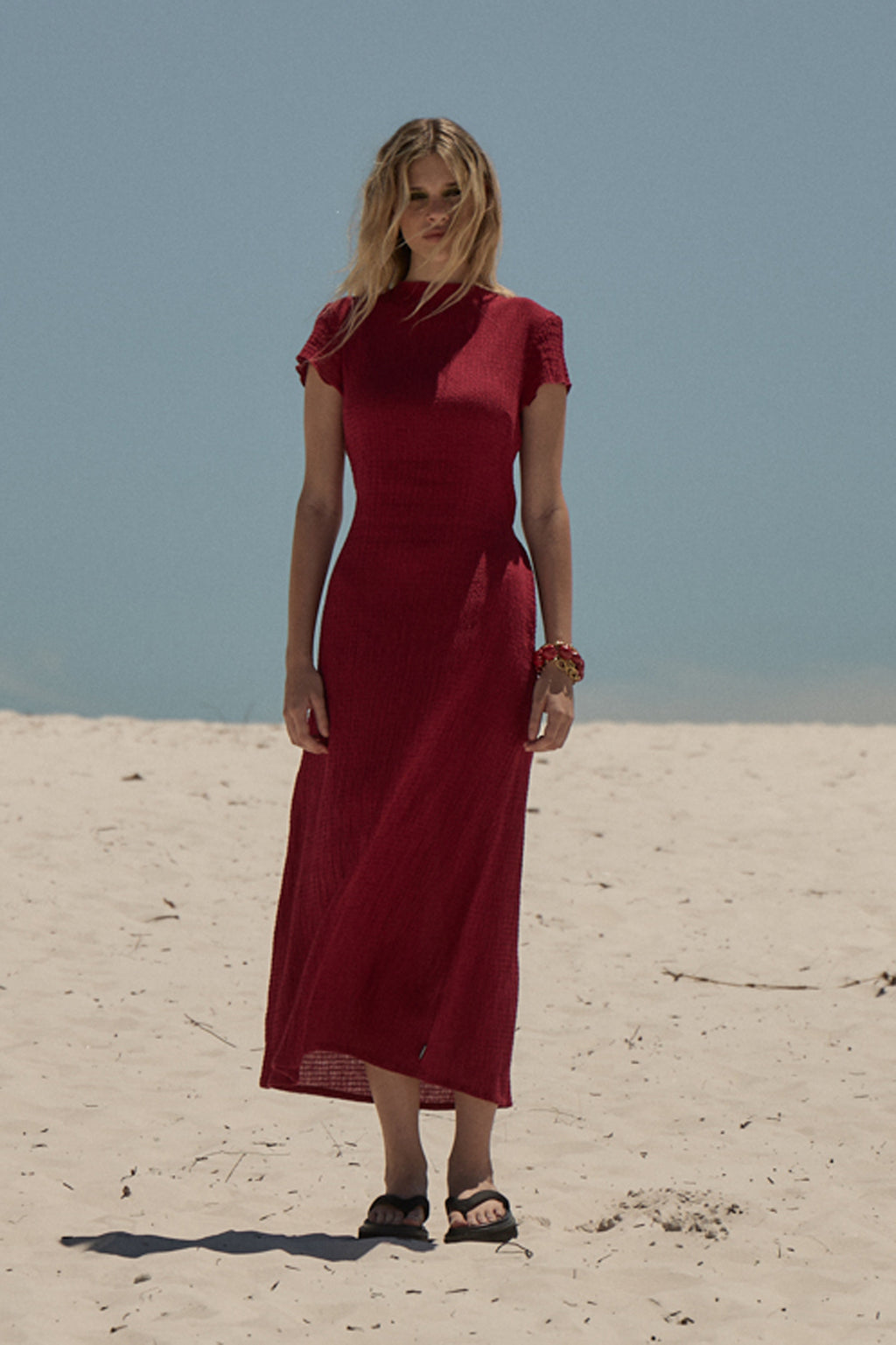 AFENDS Womens Elodie - Seersucker Midi Dress - Burgundy