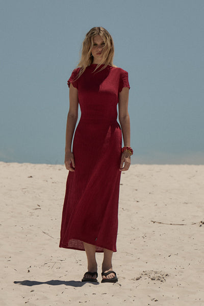 AFENDS Womens Elodie - Seersucker Midi Dress - Burgundy