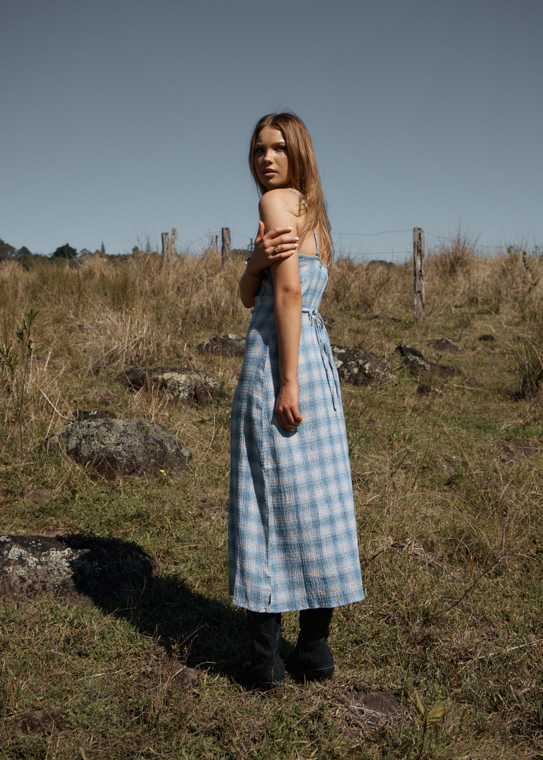 AFENDS Womens Position Rumi - Seersucker Dress - Lake Check