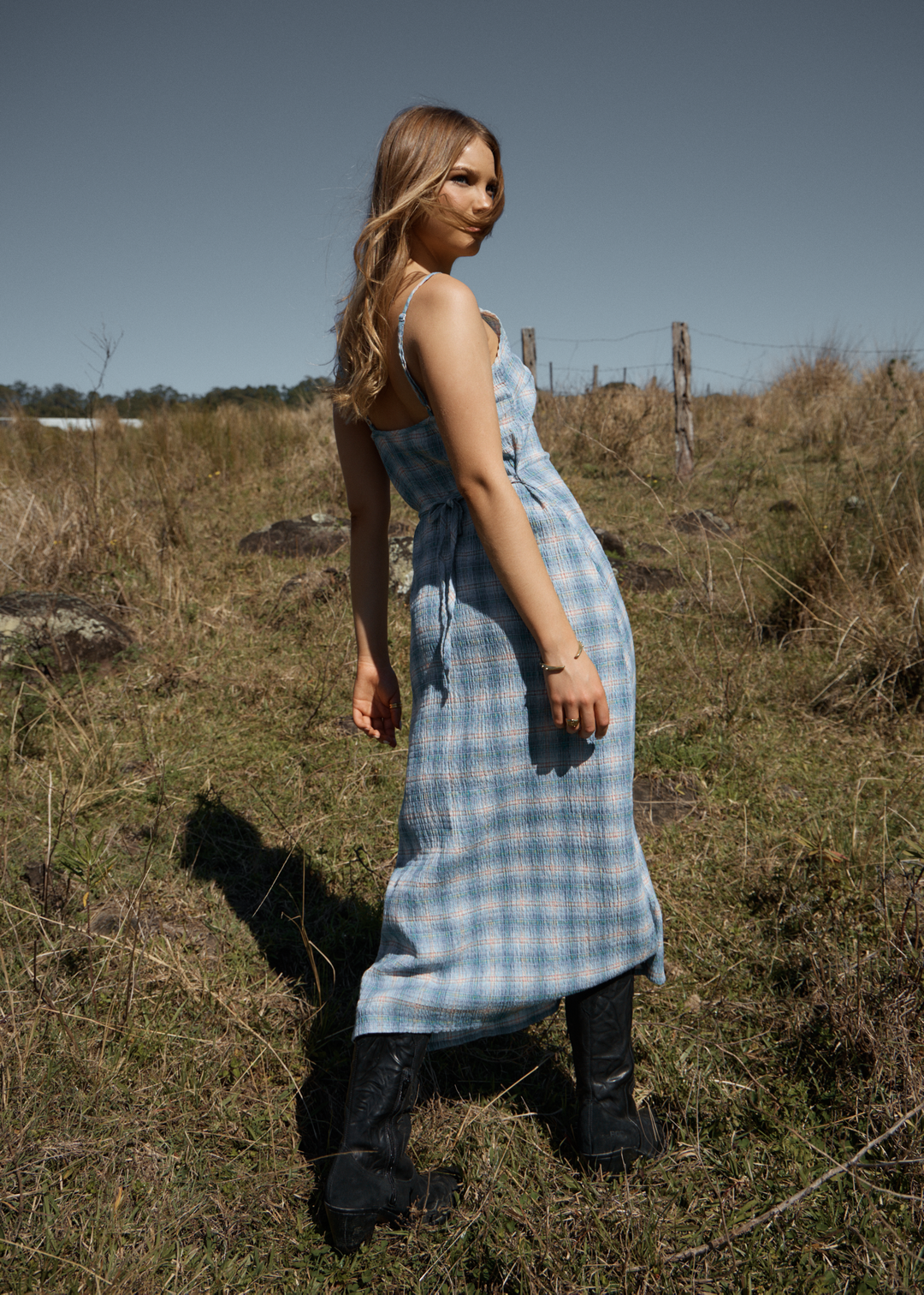 AFENDS Womens Position Rumi - Seersucker Dress - Lake Check