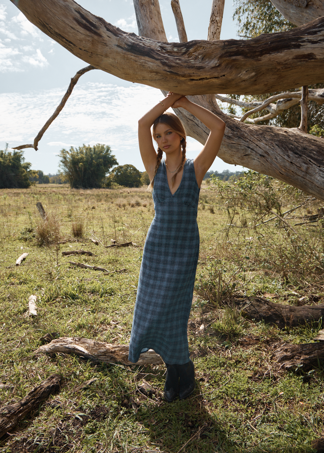 AFENDS Womens Position - Seersucker Check Maxi Dress - Navy Check