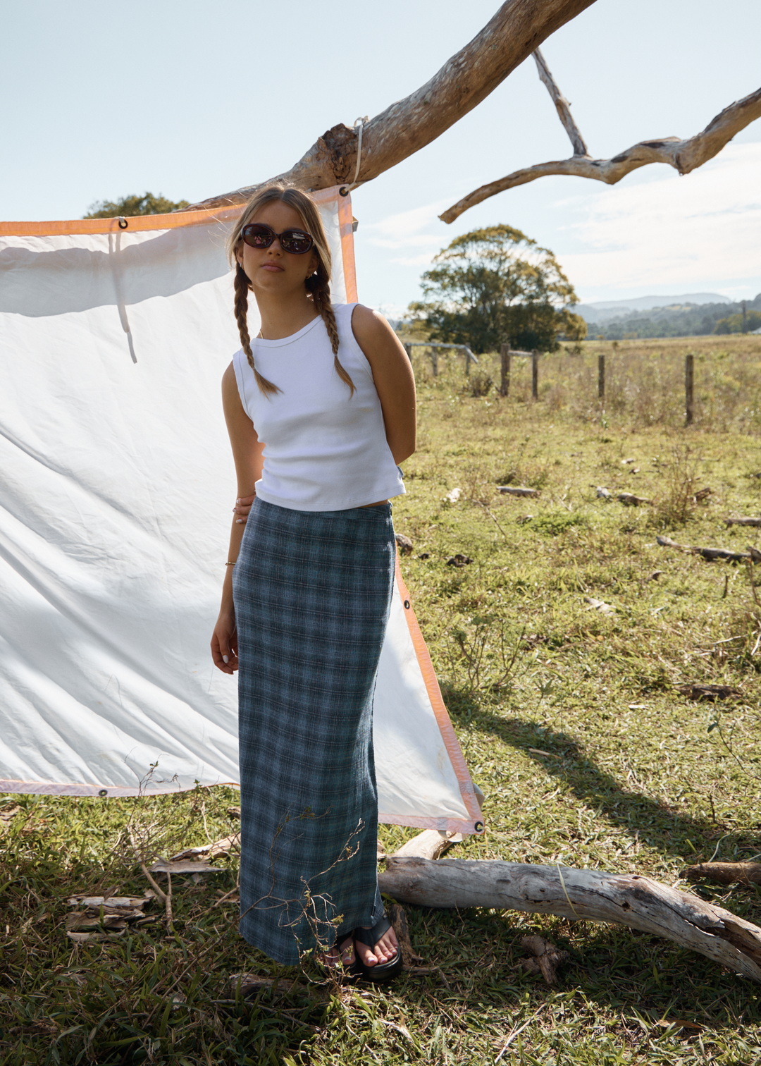 AFENDS Womens Position - Seersucker Maxi Skirt - Navy Check