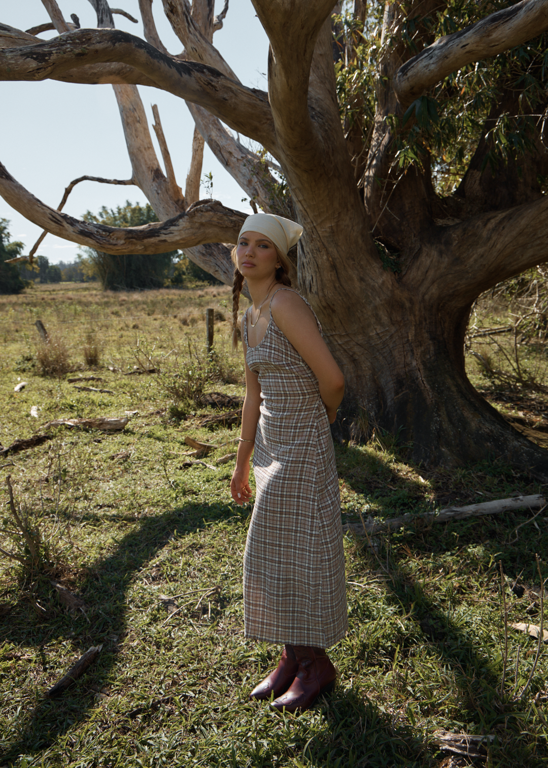 AFENDS Womens Flight Rumi - Seersucker Check Dress - Chai Check