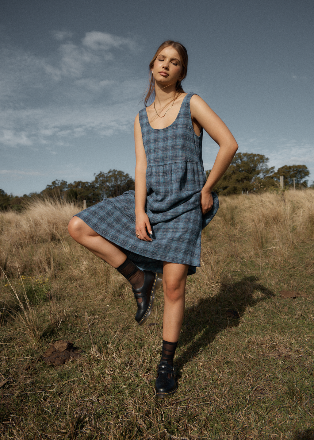 AFENDS Womens Position - Seersucker Midi Dress - Navy Check