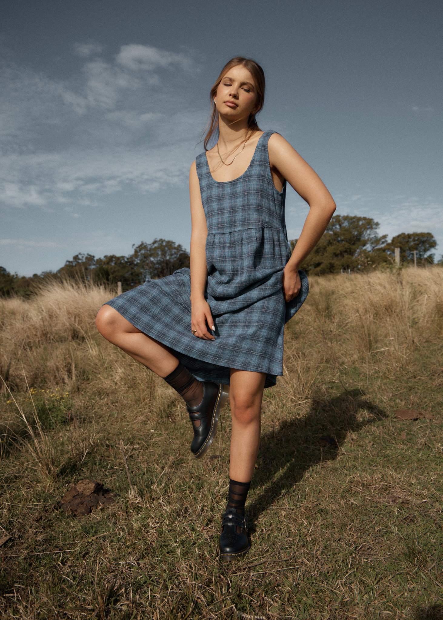 AFENDS Womens Position - Seersucker Midi Dress - Navy Check