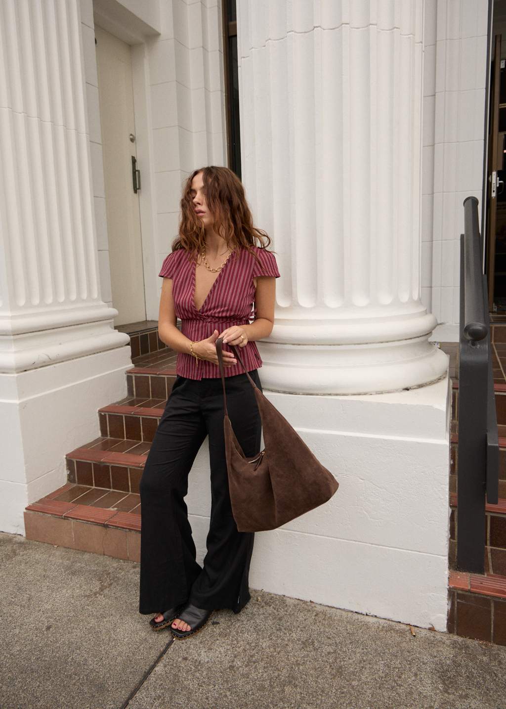 AFENDS Womens Ledger - Wrap Top - Burgundy Stripe