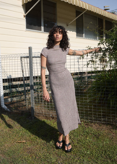 AFENDS Womens Base Elodie - Seersucker Midi Dress - Coffee Check