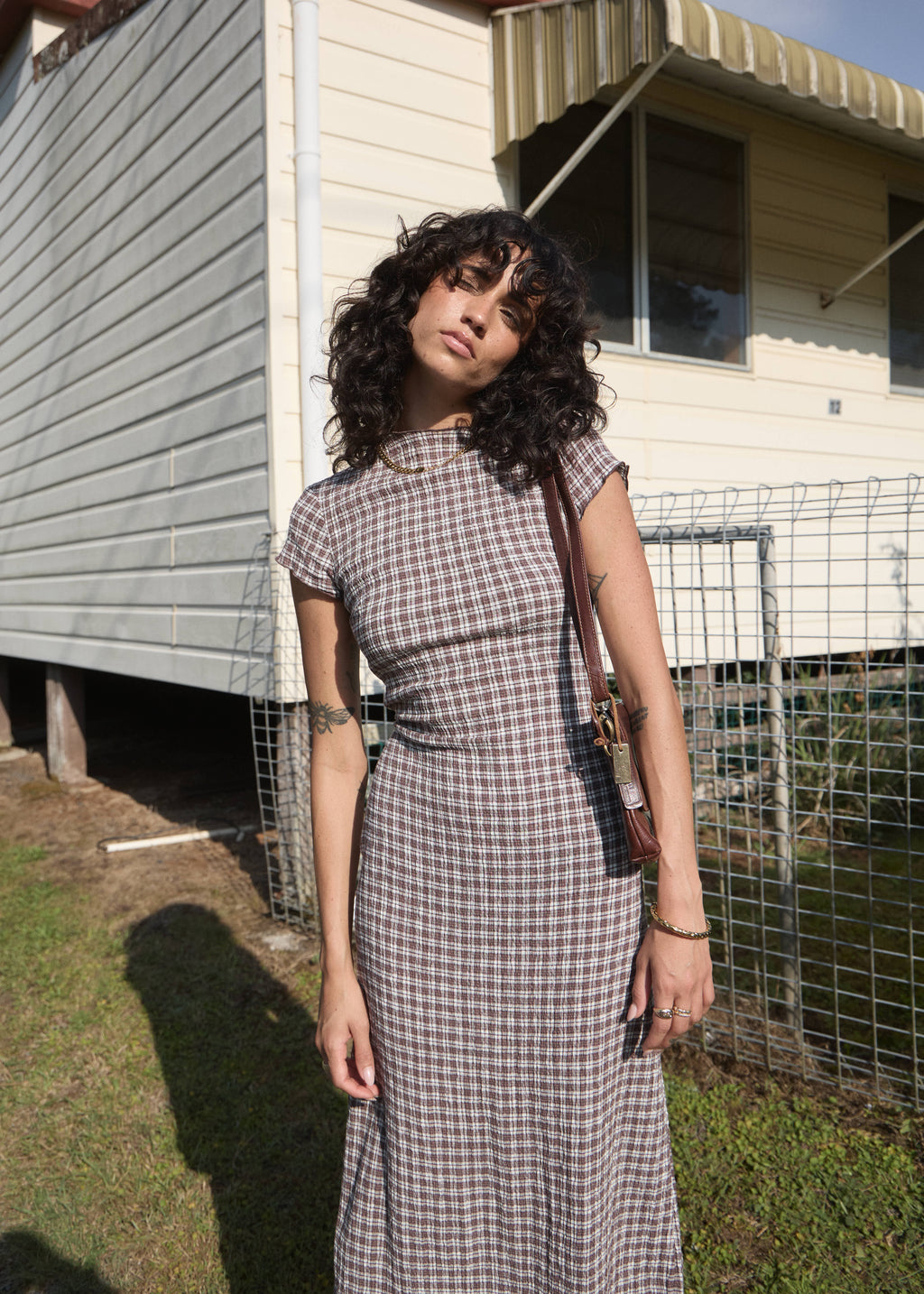 AFENDS Womens Elodie - Seersucker Midi Dress - Coffee Check