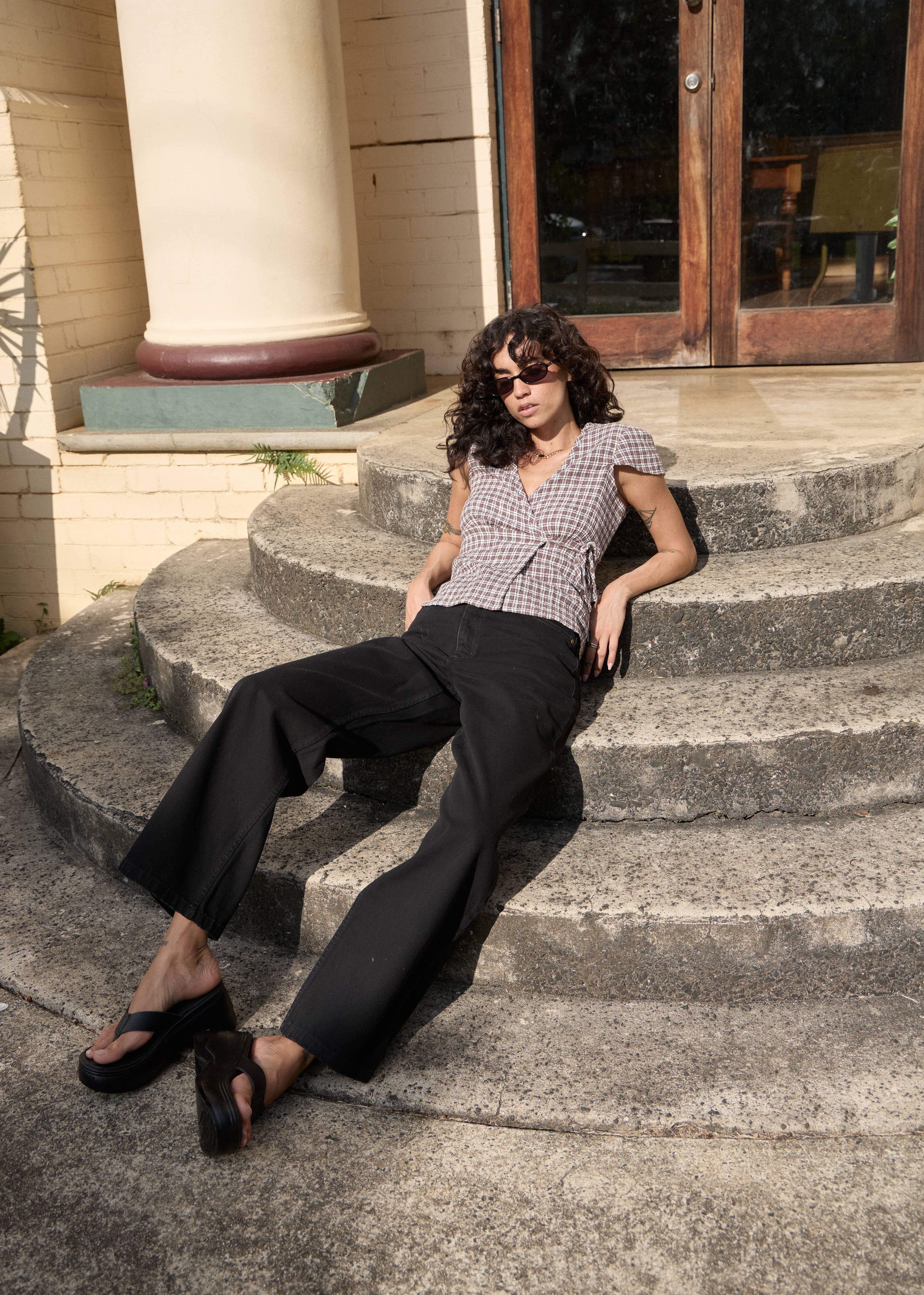 AFENDS Womens Loula - Seersucker Wrap Top - Coffee Check