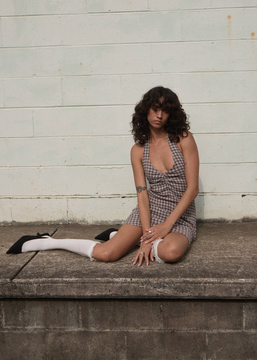 AFENDS Womens Montana - Seersucker Halter Mini Dress - Coffee Check