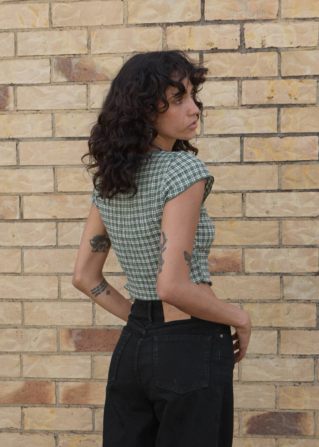 AFENDS Womens Darcy - Seersucker Top - Deep Green Check