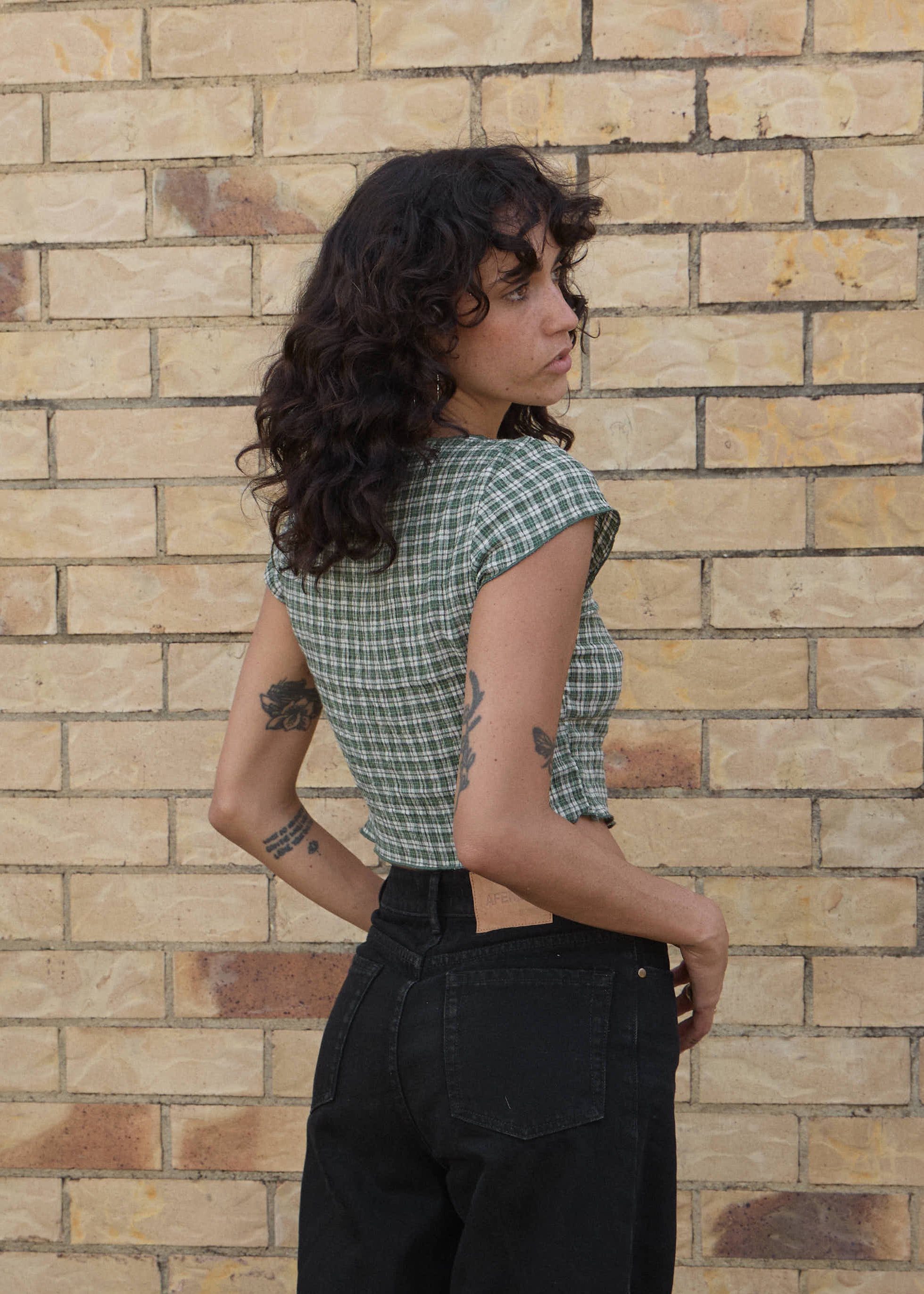 AFENDS Womens Darcy - Seersucker Top - Deep Green Check