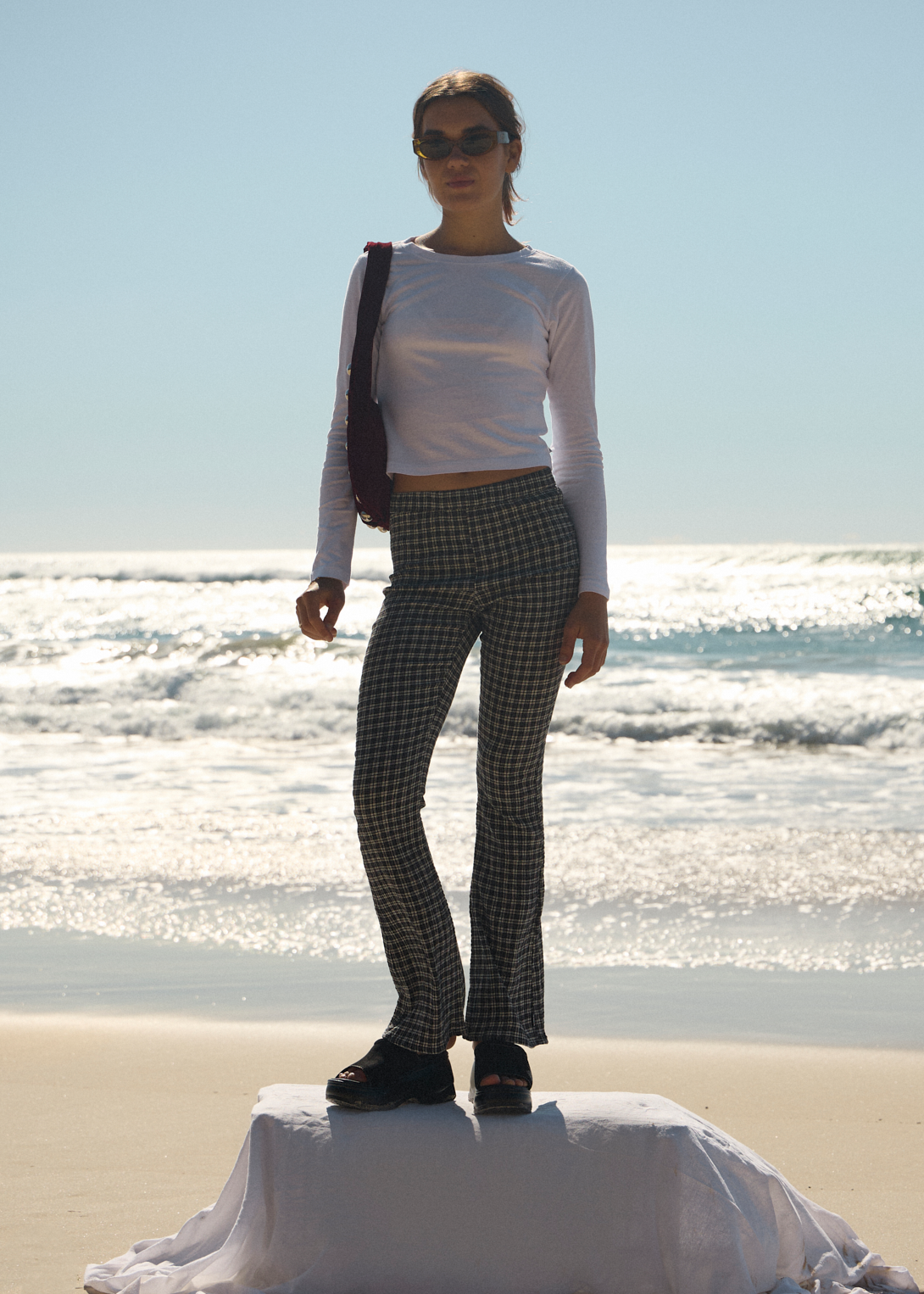 AFENDS Womens Asta - Seersucker Flare Pant - Steel Check AFENDS Womens Asta - Seersucker Flare Pant - Steel Check