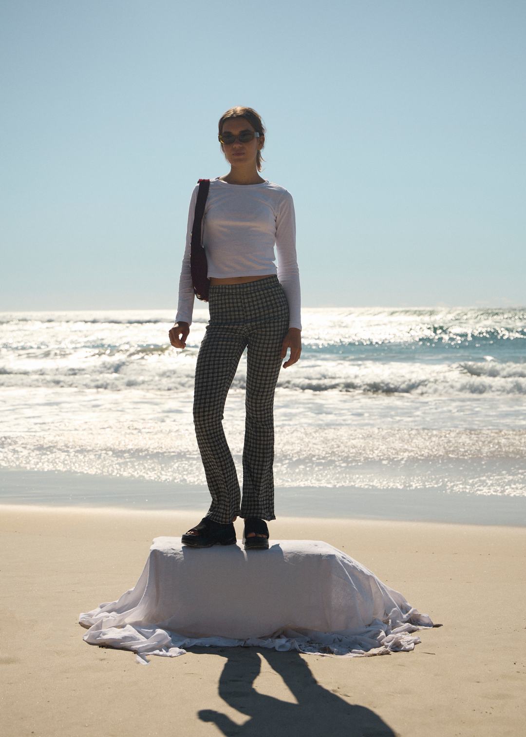 AFENDS Womens Asta - Seersucker Flare Pant - Steel Check