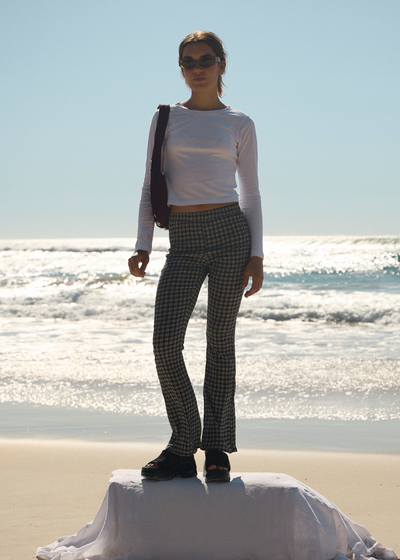 AFENDS Womens Asta - Seersucker Flare Pant - Steel Check