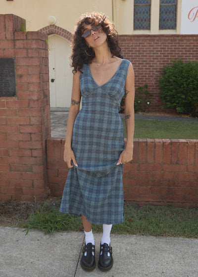 AFENDS Womens Position - Seersucker Check Maxi Dress - Navy Check