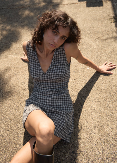 AFENDS Womens Grace - Seersucker Mini Dress - Steel Check
