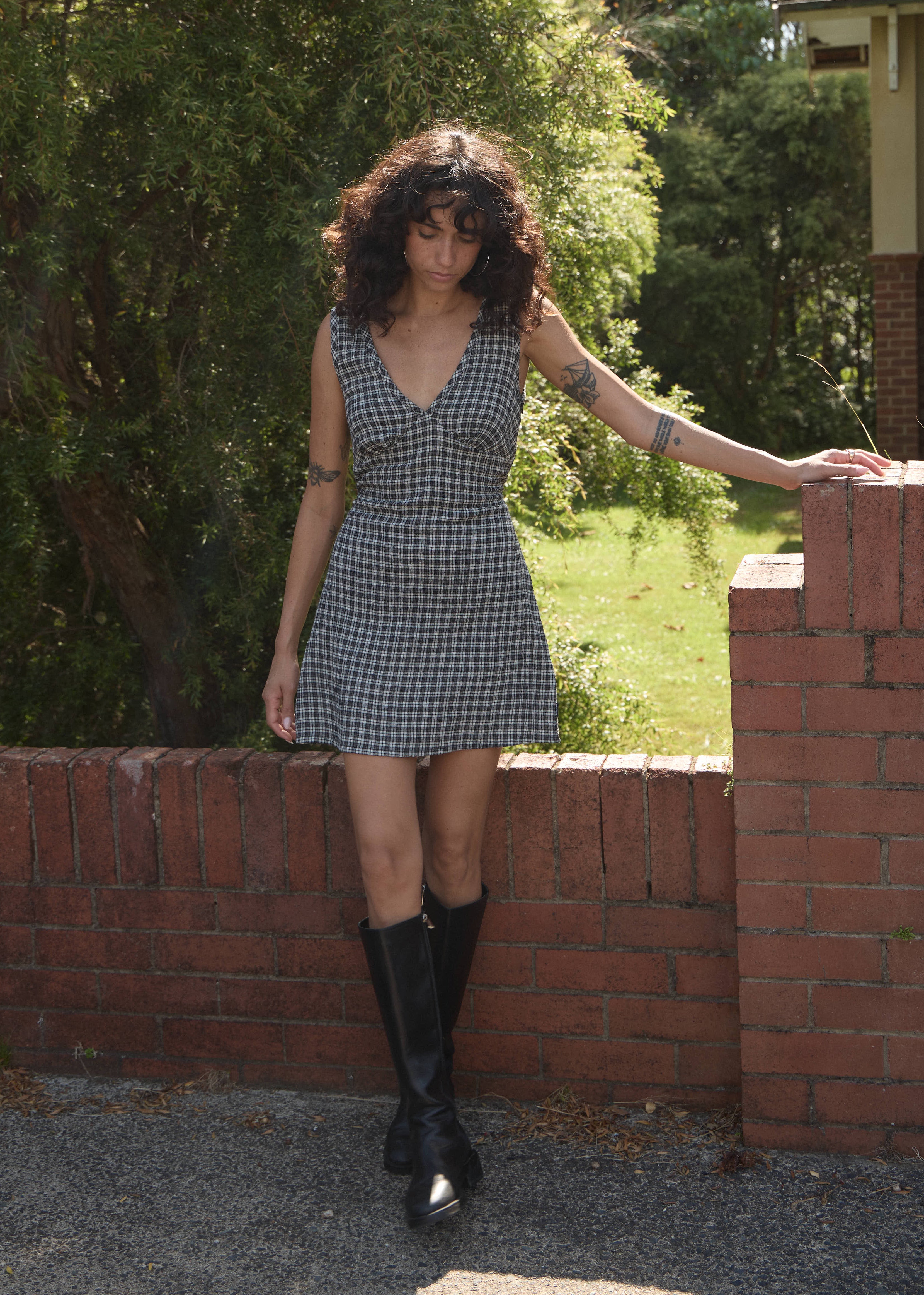 AFENDS Womens Grace - Seersucker Mini Dress - Steel Check