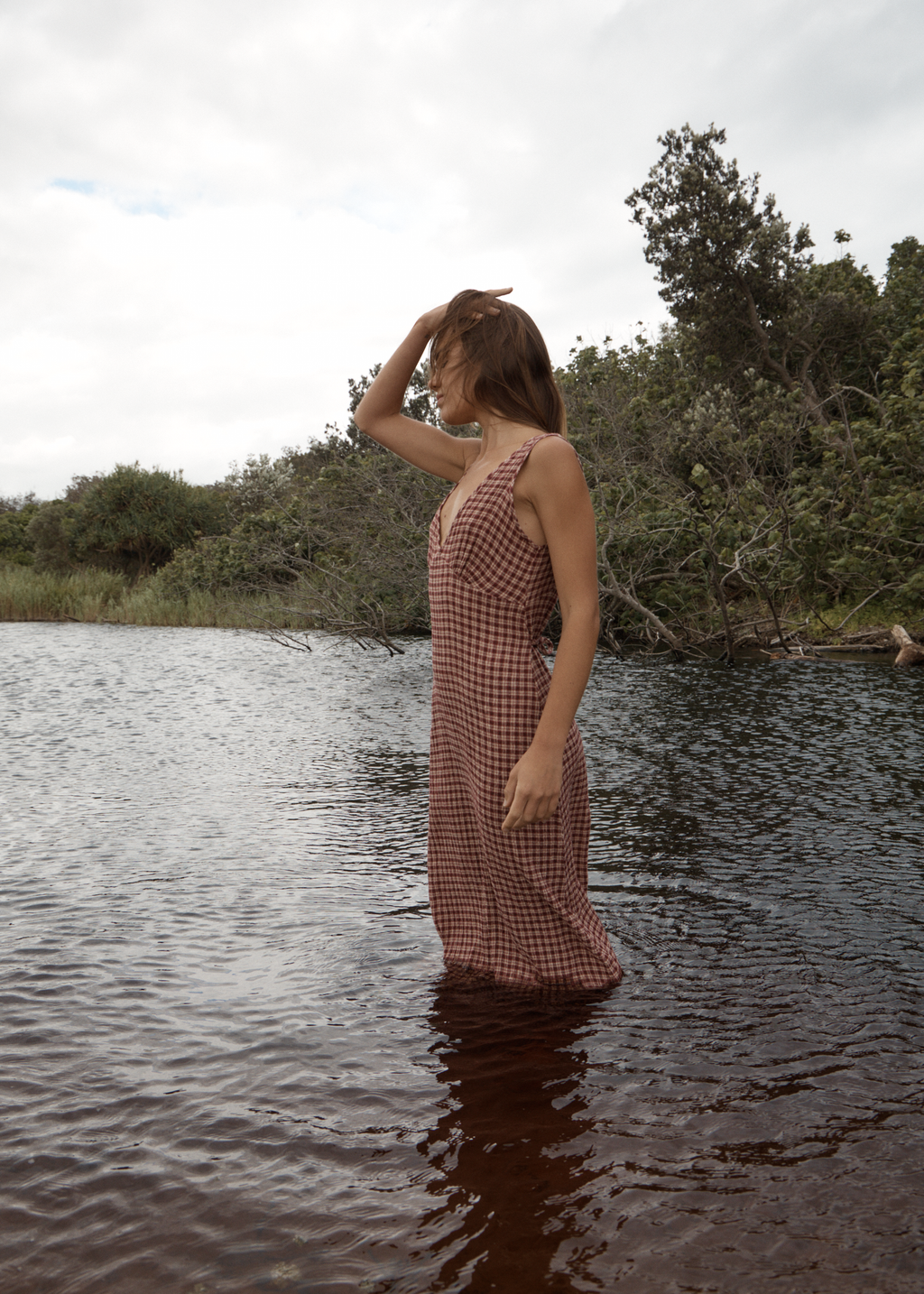 AFENDS Womens Capricorn Tully - Seersucker Maxi Dress - Burgundy / Beige Check