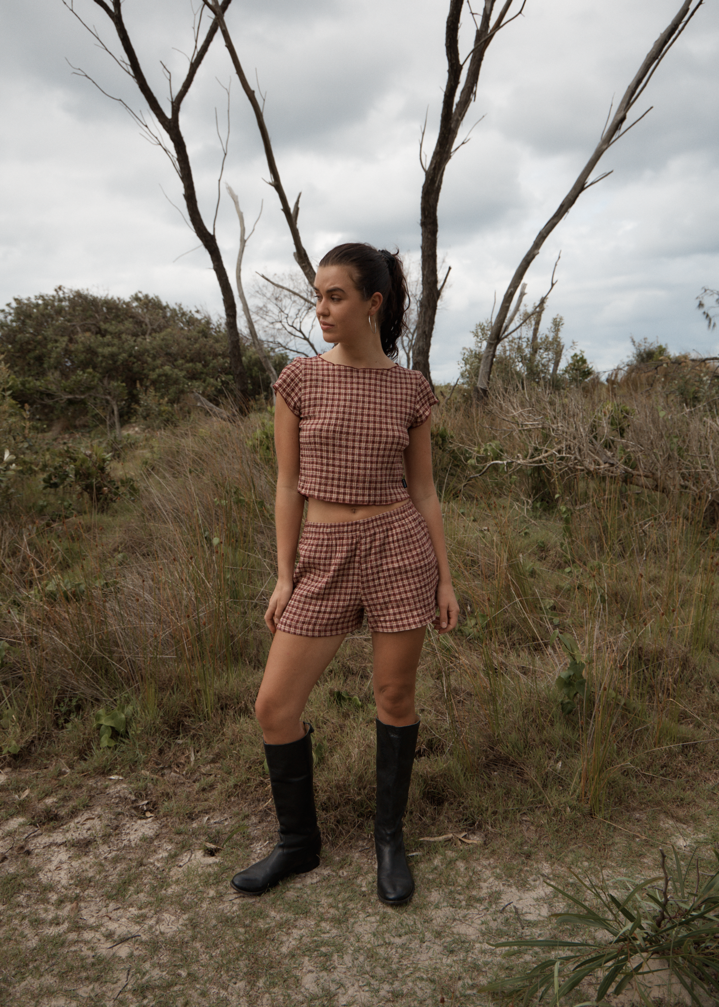 AFENDS Womens Capricorn - Seersucker Short - Burgundy / Beige Check