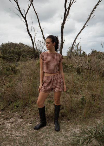 AFENDS Womens Capricorn - Seersucker Short - Burgundy / Beige Check