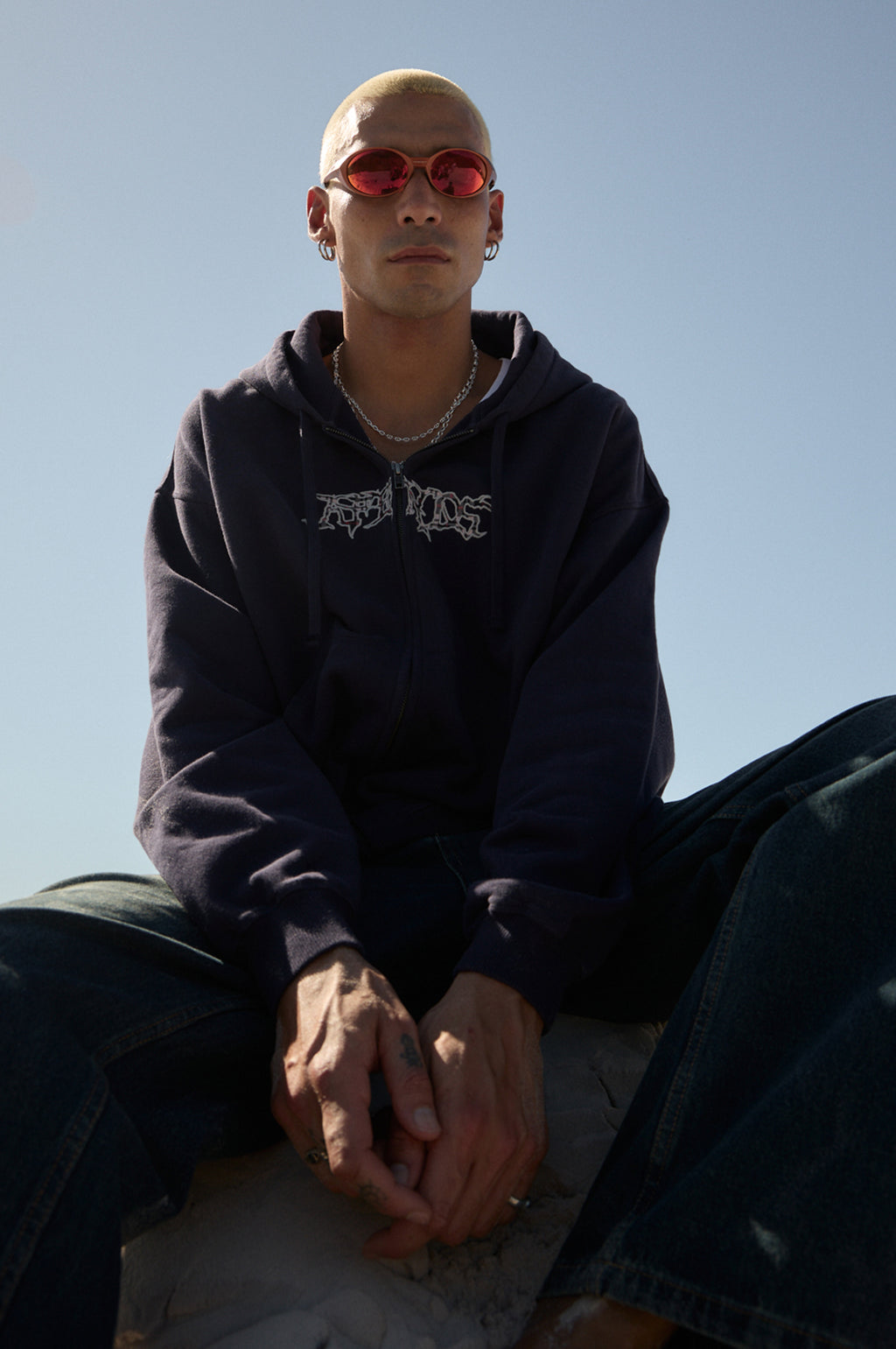 AFENDS Mens Kharma - Boxy Zip Hood - Washed Deep Sea