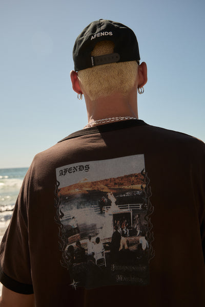 AFENDS Mens Machine - Boxy Ringer Fit Tee - Washed Coffee