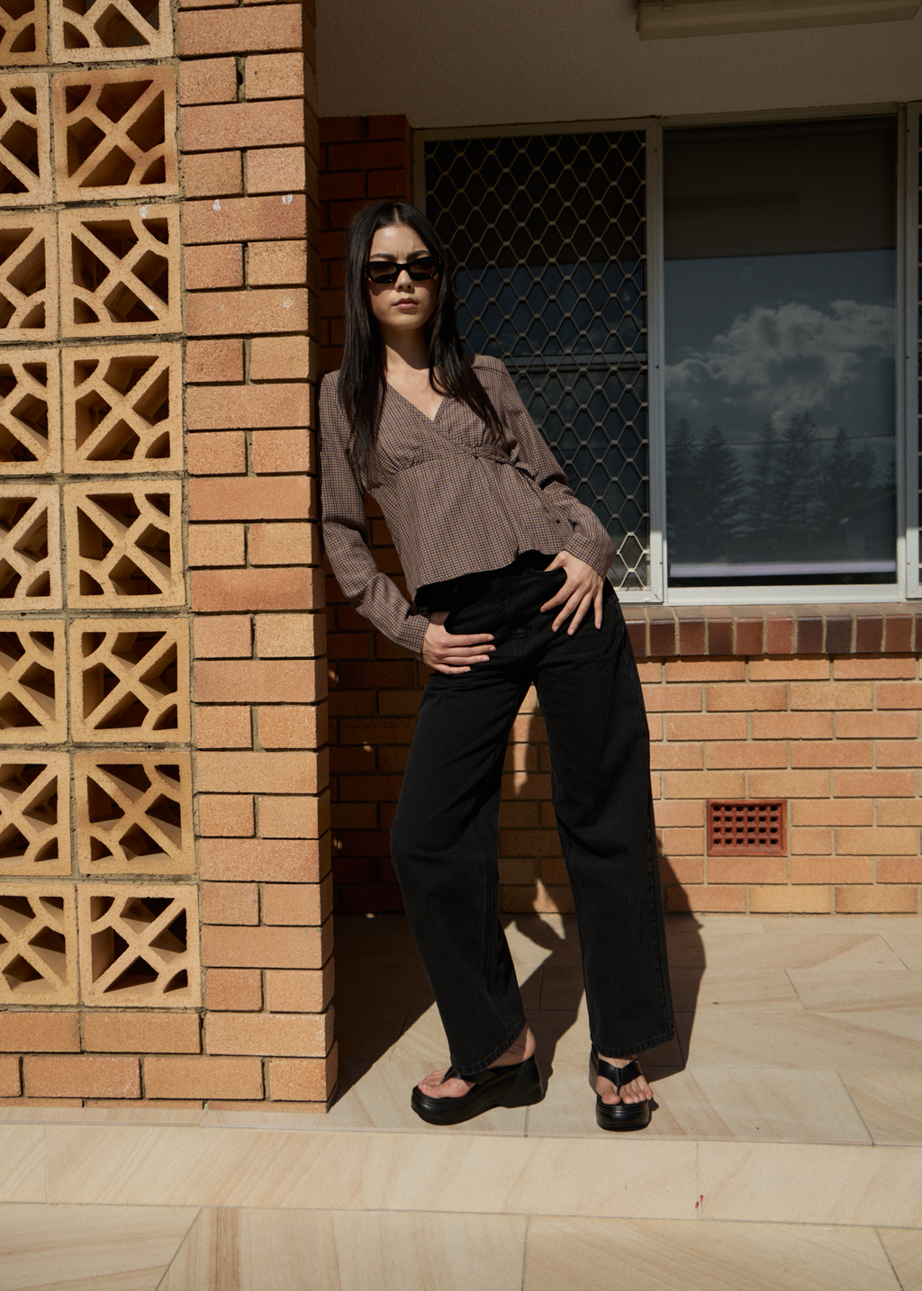 AFENDS Womens Hometown - Check Long Sleeve Top - Coffee