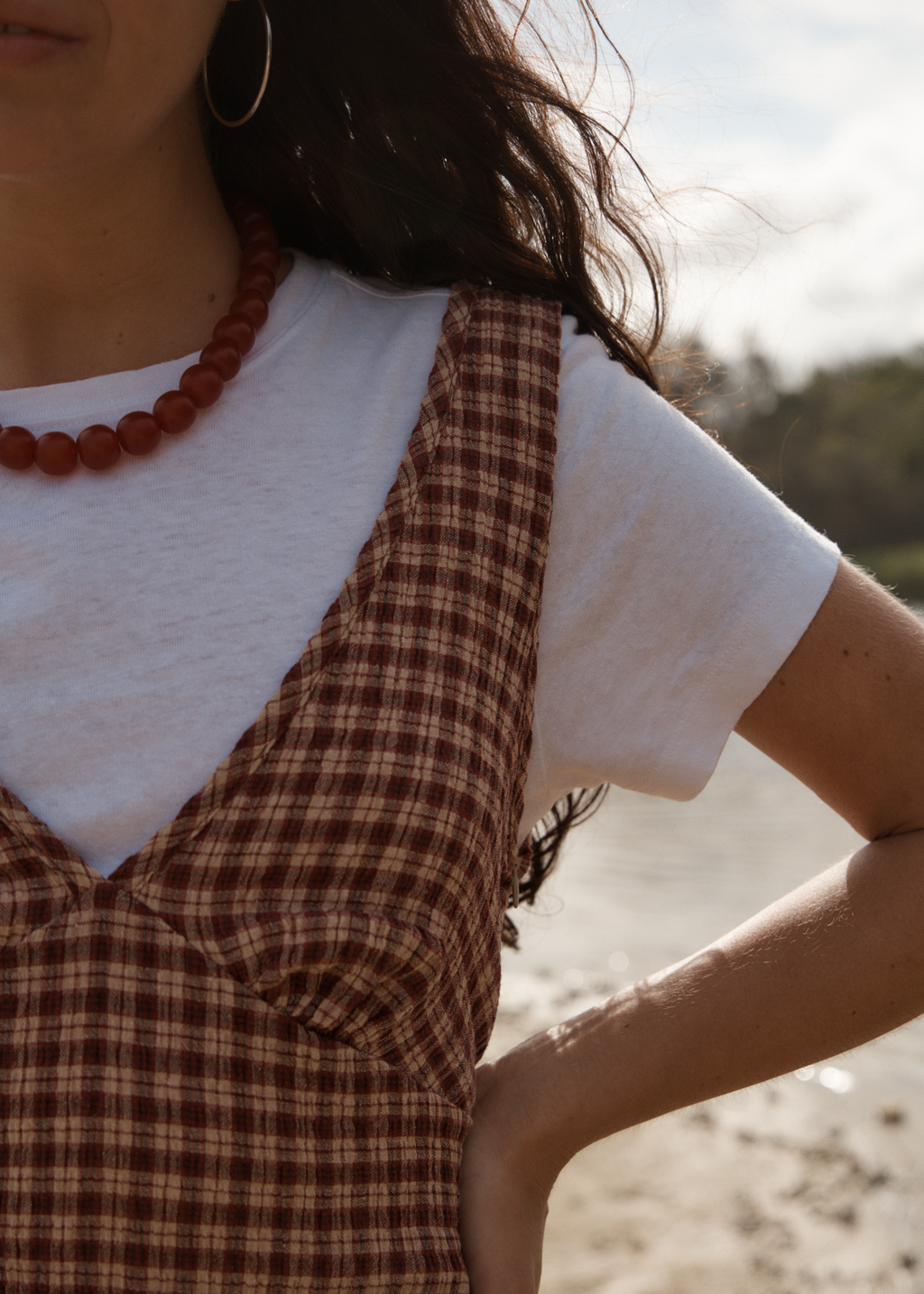 AFENDS Womens Capricorn - Seersucker Mini Dress - Burgundy / Beige Check