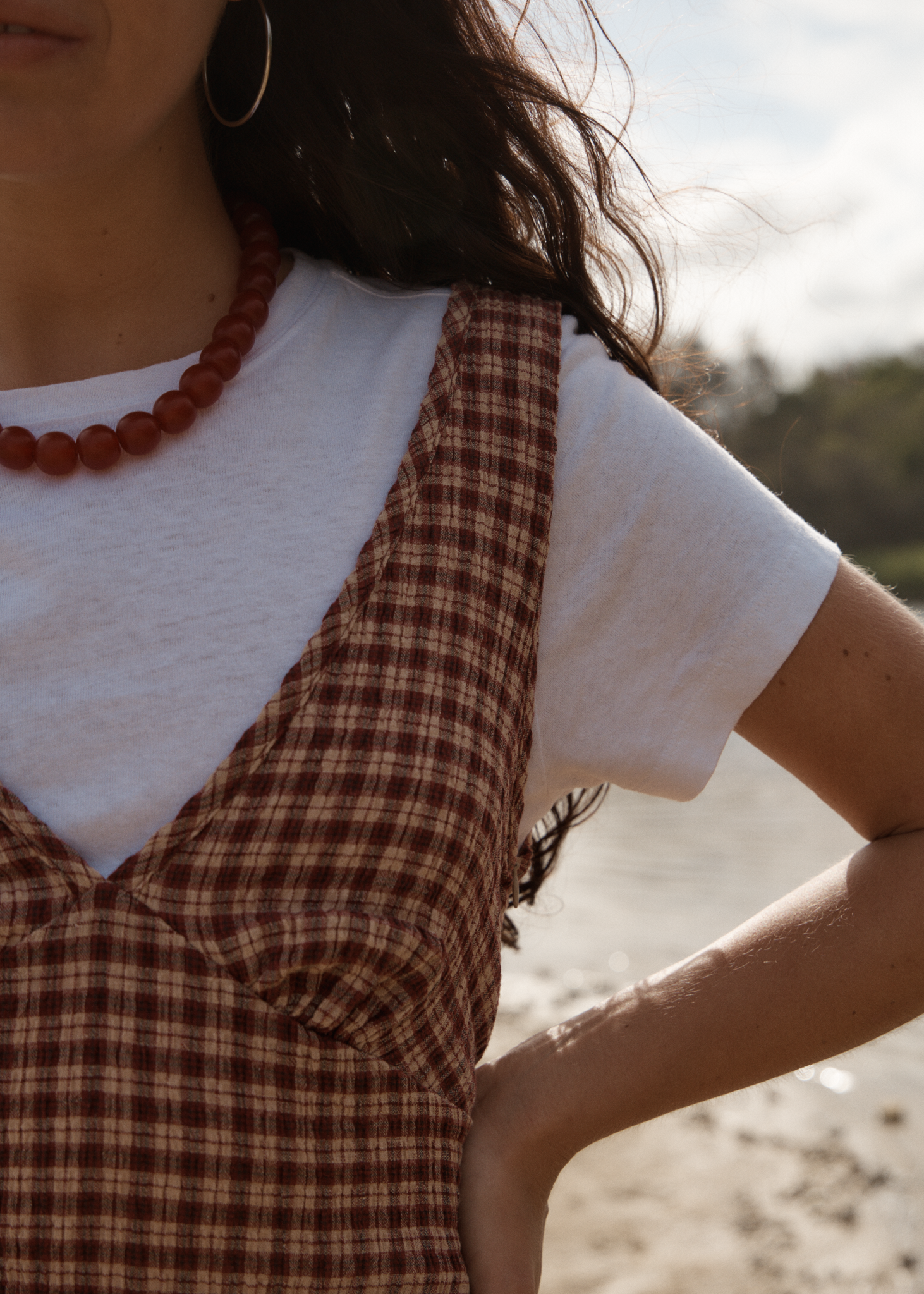 AFENDS Womens Capricorn - Seersucker Mini Dress - Burgundy / Beige Check
