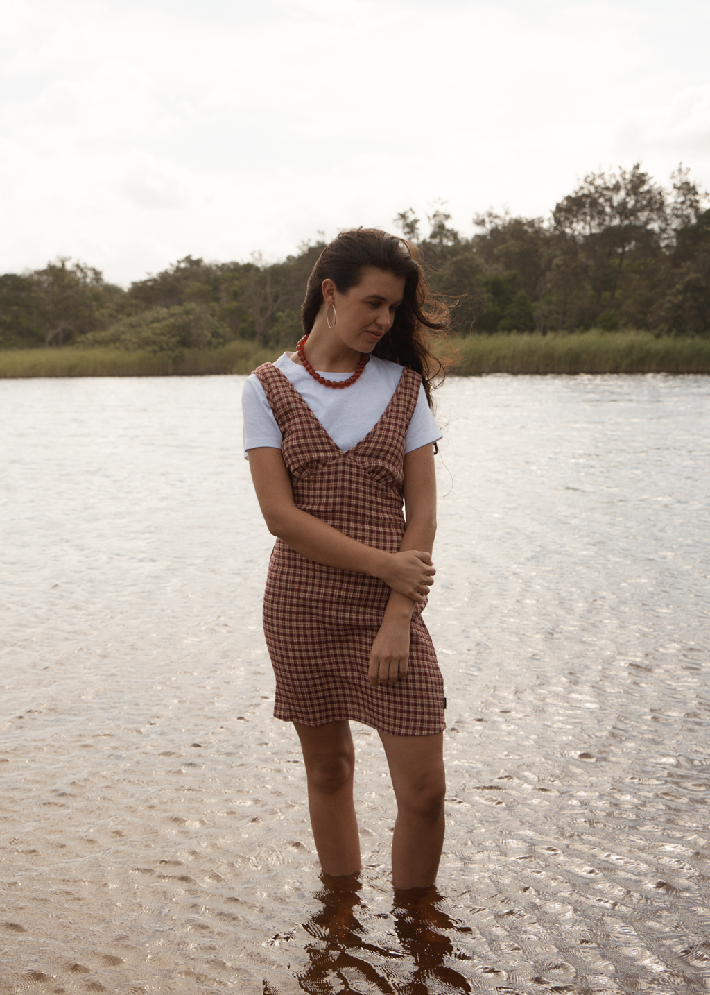 AFENDS Womens Capricorn - Seersucker Mini Dress - Burgundy / Beige Check