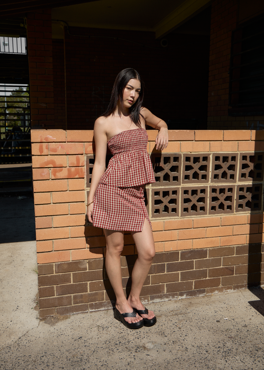 AFENDS Womens Austin - Check Mini Skirt - Red Rum