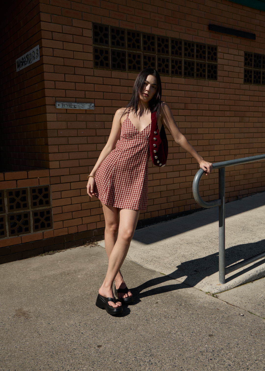 AFENDS Womens Austin - Check Mini Dress - Red Rum