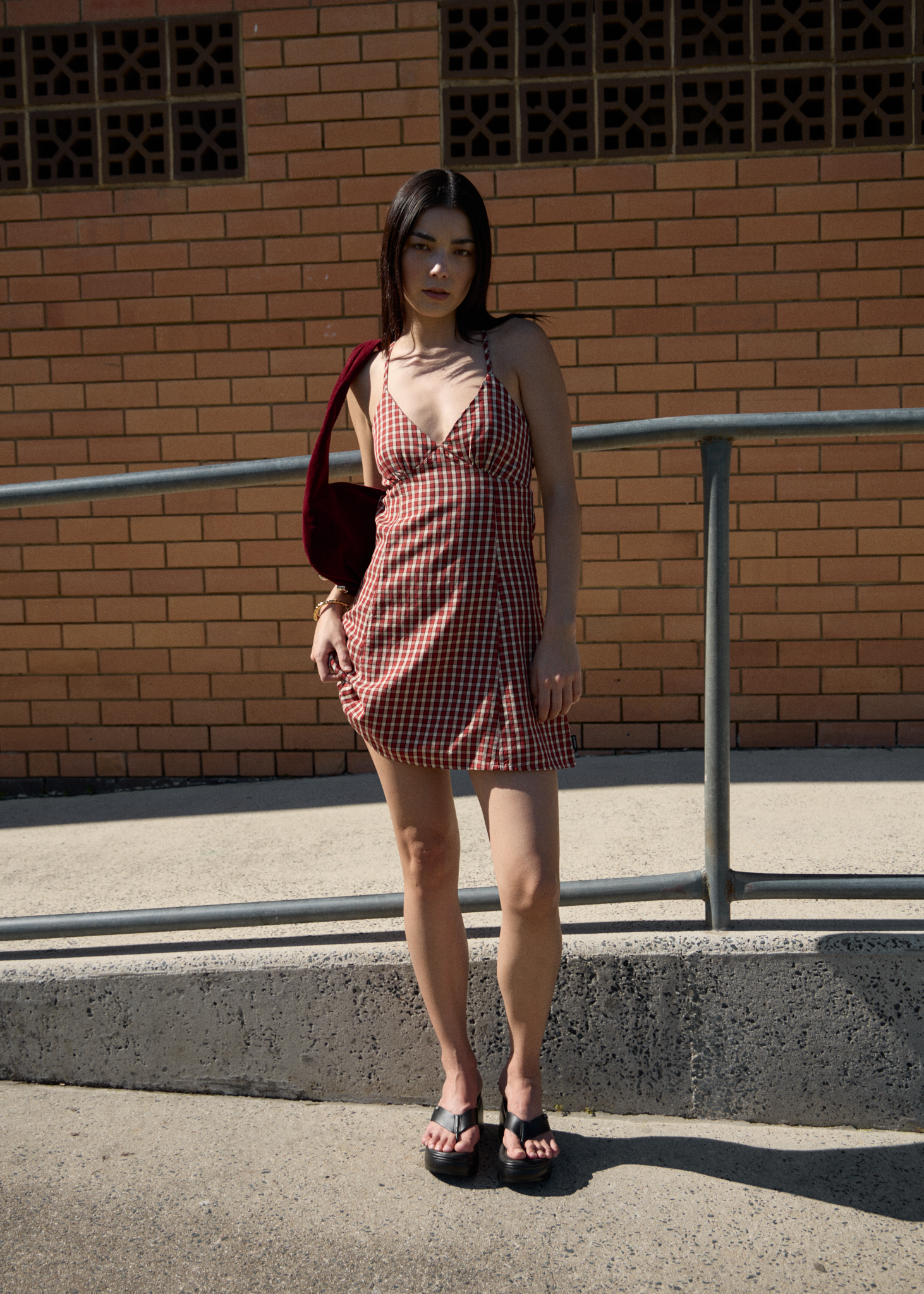 AFENDS Womens Austin - Check Mini Dress - Red Rum