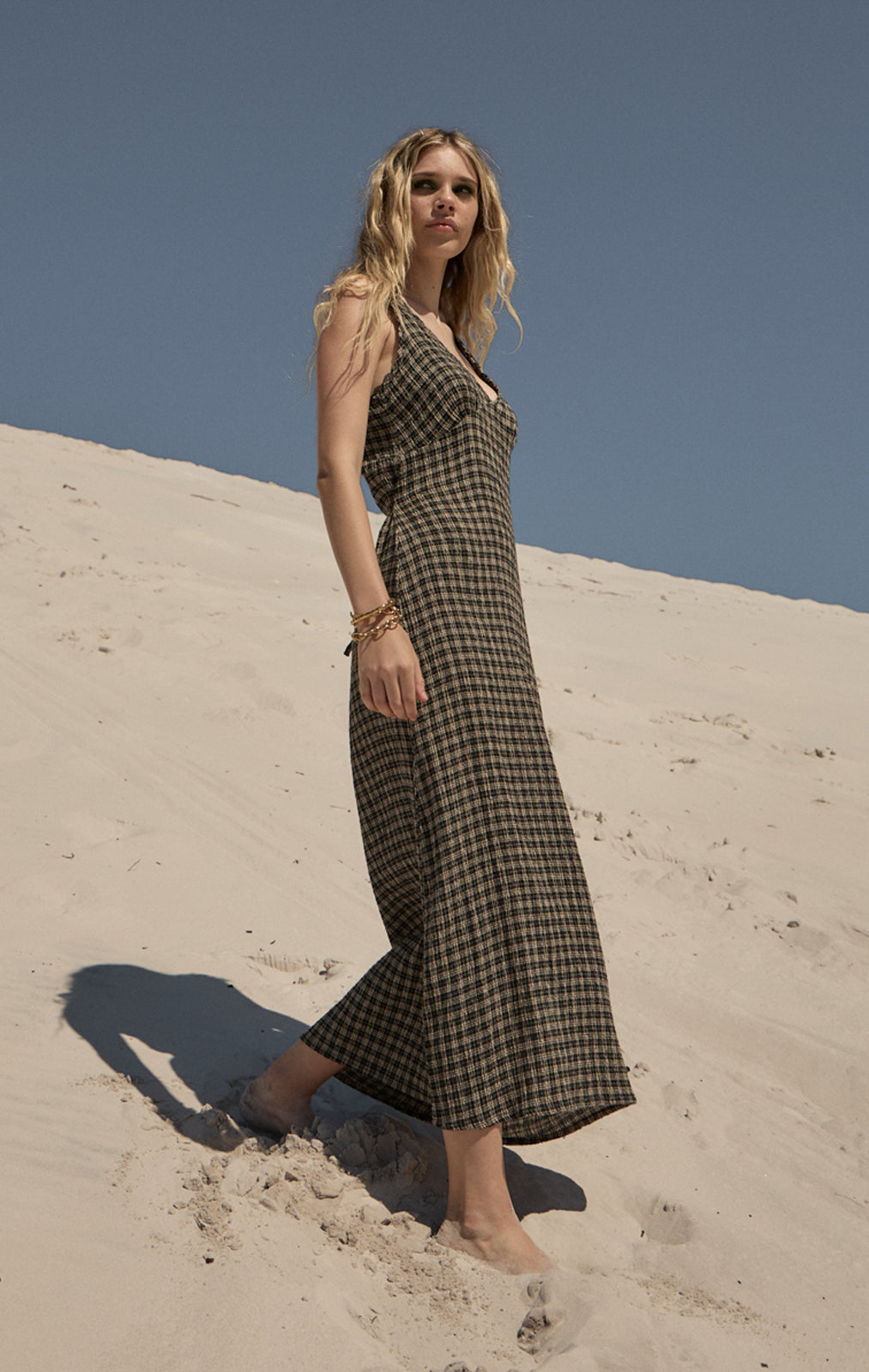 AFENDS Womens Tully - Seersucker Maxi Dress - Tan / Olive Check