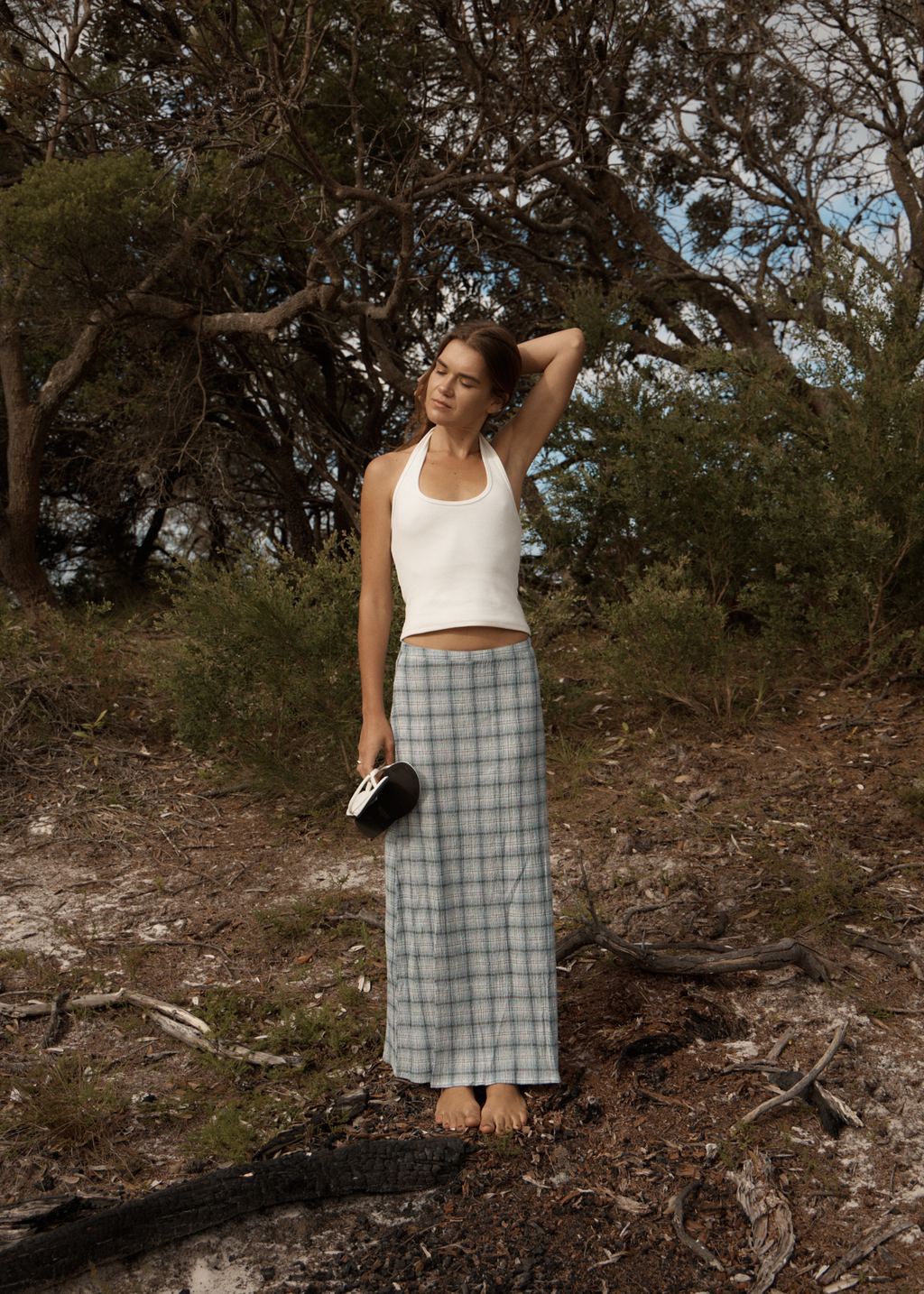 AFENDS Womens Lagoon - Seersucker Maxi Skirt - Overcast Check